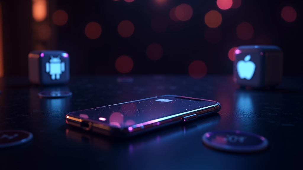 Телефон с икони за Android и iPhone в тъмна казино атмосфера