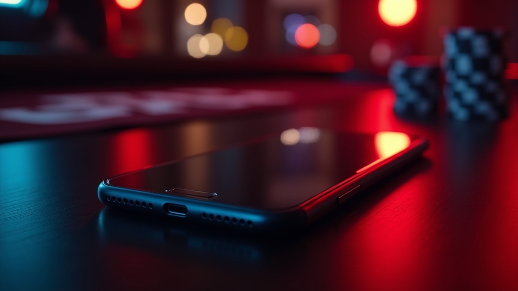 iPhone с iOS интерфейс и светлини в тъмна казино атмосфера