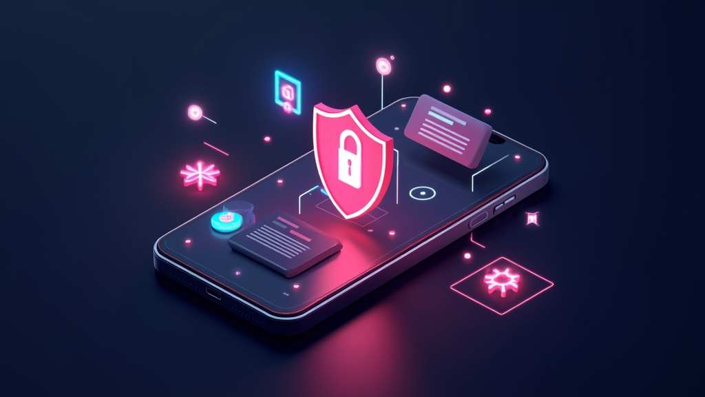 Смартфон със символи за сигурност, обновления и поддръжка в тъмна казино среда